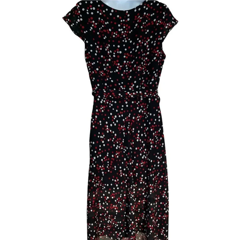 Jonathan Martin Black Polka Dot V-Neck Multicolor Midi dress Size 10